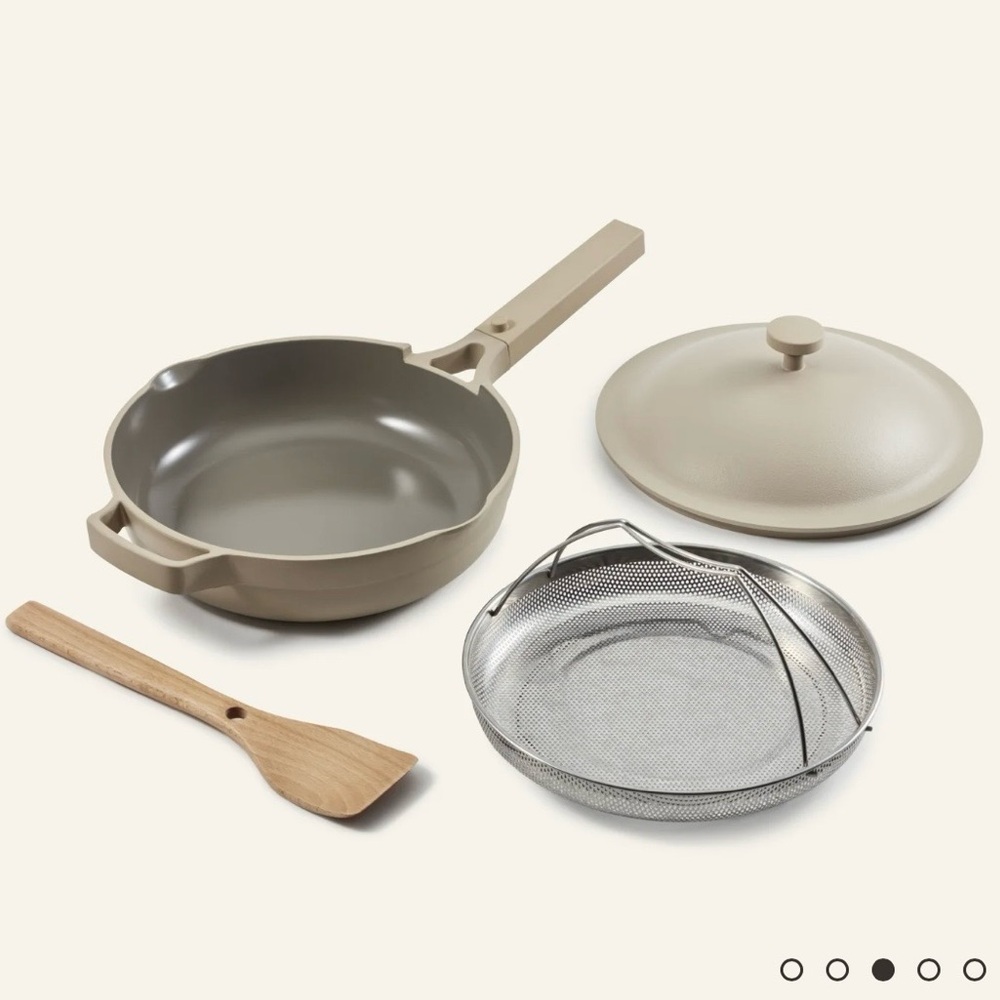 NWOB Our Place Forever Non Stick Pan Strainer Wooden Spoon Beige Pot 10.5 in - Picture 15 of 16